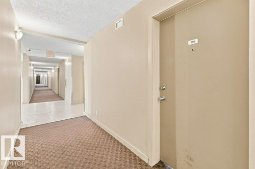 Entry door with number 119, featuring a silver doorknob and deadbolt - #119 111 Watt Cm Sw, Edmonton, AB - Indoor Photo Showing Other Room