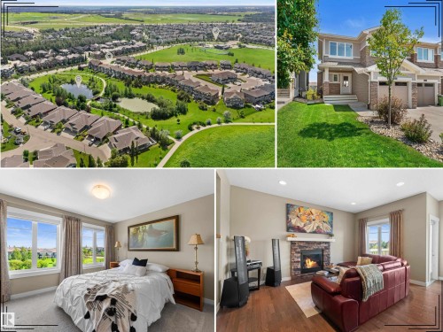 Property Listing Images. Presenting an aerial neighborhood perspective, exterior facade, and interior room depictions of the property - 3413 Cameron Heights Cove Nw, Edmonton, AB - Indoor Photo Showing Bedroom With Fireplace