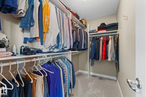 Spacious walk-in closet featuring multiple shelving units, ample hanging rods, gray carpet flooring, and neutral wall paint - 3413 Cameron Heights Cove Nw, Edmonton, AB - Indoor With Storage