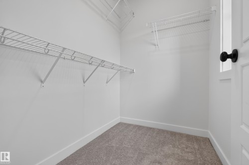 Walk-in closet featuring light gray carpeting, white wire shelving, a white paneled door with a black knob, and white baseboards - 1534 Plum Circle Circle Sw, Edmonton, AB - Indoor With Storage