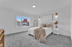 Bedroom featuring neutral-toned carpeting, a large window, and decorative wall paneling - 