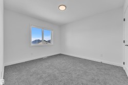 Spacious room featuring neutral carpeting, white walls, a large window, a ceiling-mounted light fixture, and a paneled door with dark hardware - 