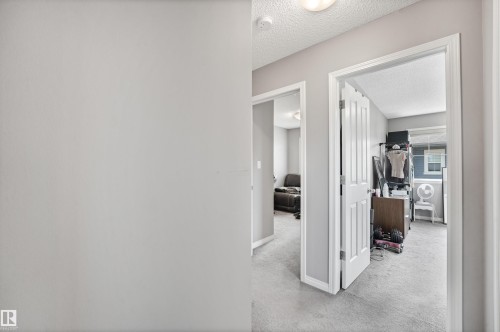 Carpeted hallway with light gray walls, white trim, and white paneled doors - #40 1030 Chappelle Bv Sw, Edmonton, AB - Indoor Photo Showing Other Room
