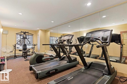 Dedicated fitness room with wall-to-wall mirror, recessed lighting, and carpet flooring - #203 17407 99 Av Nw, Edmonton, AB - Indoor Photo Showing Gym Room