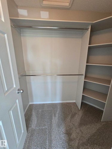 Walk-in closet featuring built-in shelving, two clothing rods, and carpeting - 4120 47 Street, Drayton Valley, AB - Indoor With Storage
