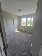 Spacious room featuring neutral carpeting, light gray walls, a flush-mount ceiling light, and two large windows - 