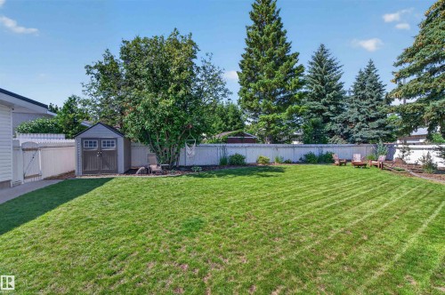 Expansive green lawn with a white picket fence, mature trees, and a gray storage shed - 12136 135A Avenue Nw, Edmonton, AB - Outdoor