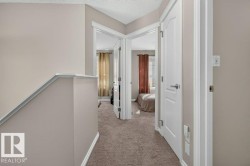 Carpeted hallway with light neutral wall paint and white trim - 