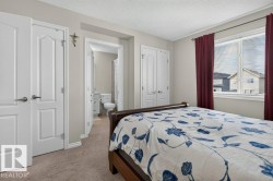 Carpeted bedroom featuring a large window with blinds, white trim, and a double-door closet - 