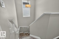 Carpeted stairway with white painted handrails and trim - 