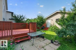 Expansive wood deck with full railing and steps down to a concrete paver patio - 