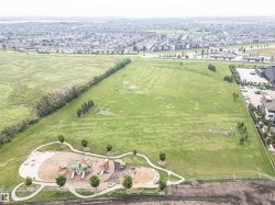 Expansive green space featuring a large playground with multiple structures, winding paved pathways, and mature trees - 