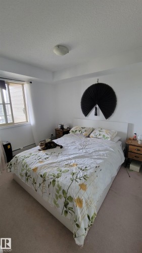 Carpeted room featuring a window with blinds, white walls, and a ceiling-mounted light fixture - #415 12045 22 Av Sw, Edmonton, AB - Indoor Photo Showing Bedroom