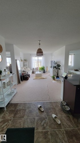 Open-concept living space featuring a pendant light fixture, light-toned walls, and a large window with sheer curtains - #415 12045 22 Av Sw, Edmonton, AB - Indoor