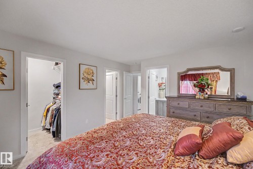 Carpeted bedroom featuring a walk-in closet with wire shelving and a separate entry to an additional space - 22419 80 Avenue Nw, Edmonton, AB - Indoor Photo Showing Bedroom