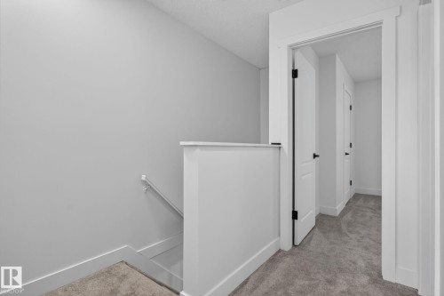 Carpeted hallway with white walls and trim, featuring a partial stairwell with a white handrail - 8059 178 Street Nw, Edmonton, AB - Indoor Photo Showing Other Room