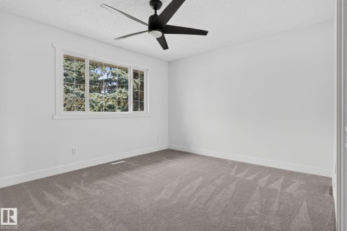 Spacious room featuring neutral carpeting, white walls, and a multi-pane window with white trim - 8059 178 Street Nw, Edmonton, AB - Indoor Photo Showing Other Room