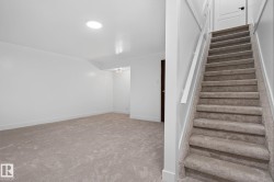 Carpeted staircase with white railings - 