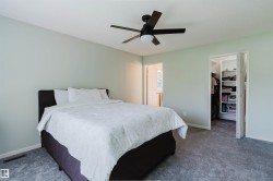 Recessed bedroom featuring neutral wall color, grey carpeting, and a ceiling fan with integrated lighting - 