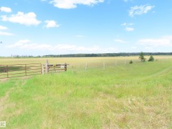 Expansive agricultural land featuring a red metal gate, wire fencing, and mature trees bordering the horizon - 