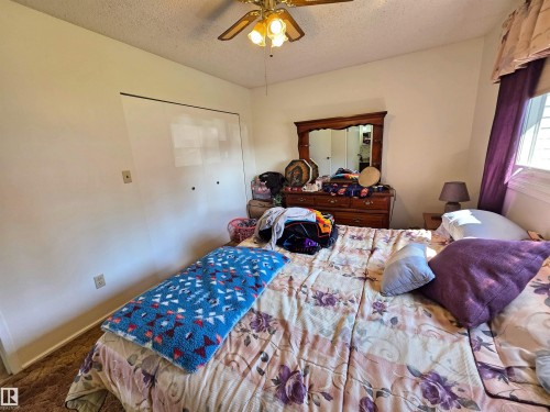 Windowed room featuring textured walls, a ceiling fan with integrated lighting, and carpet flooring - 5201 54 Street, Elk Point, AB - Indoor Photo Showing Bedroom