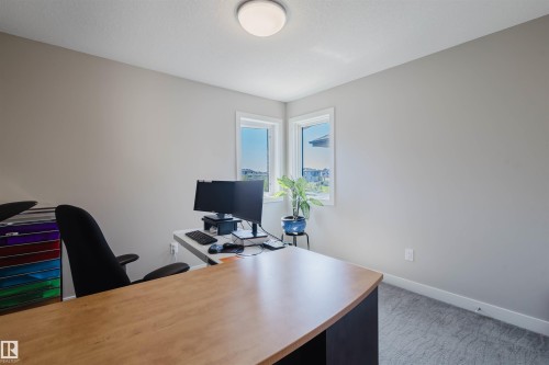 Bright room featuring two windows, light gray walls, a flush-mount ceiling light, and patterned carpet flooring - 4125 Kennedy Green Sw, Edmonton, AB - Indoor Photo Showing Office