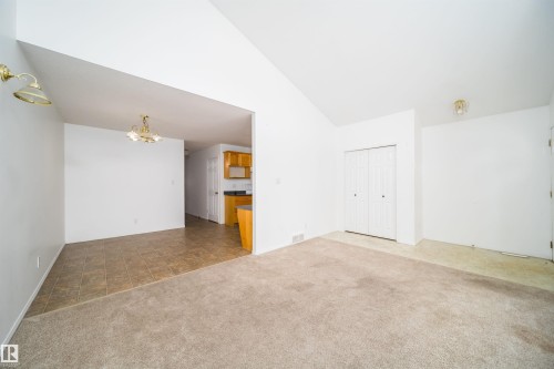 Spacious room featuring vaulted ceilings, a neutral carpeted floor, and a double bi-fold closet - 12041/43 67 St Nw Nw, Edmonton, AB - Indoor Photo Showing Other Room