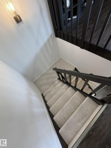 Carpeted staircase with dark wood-finish handrails and balusters - 19F Meadowlark Village Nw, Edmonton, AB - Indoor Photo Showing Other Room