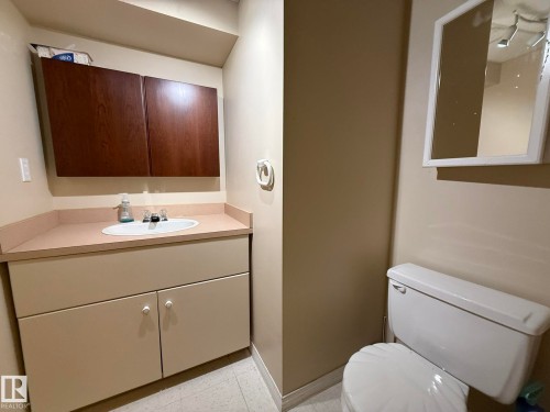 Bathroom featuring an elongated toilet, a vanity with a white basin sink, a light-toned countertop, and wood-finish upper cabinetry - 10837 155 Street Nw, Edmonton, AB - Indoor Photo Showing Bathroom