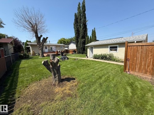 Expansive lawn featuring perimeter fencing, a detached garage, a wooden privacy fence, and mature trees - 10837 155 Street Nw, Edmonton, AB - Outdoor With Backyard