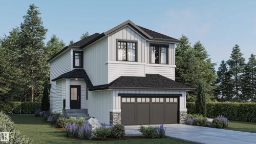 Contemporary two-story residence with a multi-textured facade including horizontal siding, vertical board and batten, and stone accents - 1737 Crossbill Loop Nw, Edmonton, AB - Outdoor