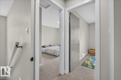 Carpeted hallway with light gray walls and white trim - 