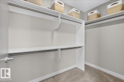 Walk-in closet featuring white shelving units, multiple hanging rods, durable carpet flooring, and neutral wall paint - 