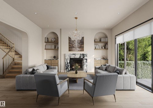 Living room featuring a marble-surround fireplace, built-in arched shelving, wood-finish flooring, a contemporary chandelier, and large sliding glass doors opening to outdoor greenery - 40B Valleyview Crescent Nw, Edmonton, AB - Indoor Photo Showing Living Room With Fireplace