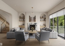 Living room featuring a marble-surround fireplace, built-in arched shelving, wood-finish flooring, a contemporary chandelier, and large sliding glass doors opening to outdoor greenery - 