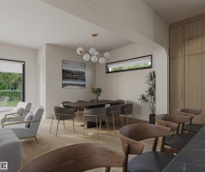 Spacious dining area featuring wood-finish flooring, recessed lighting, and a contemporary chandelier - 