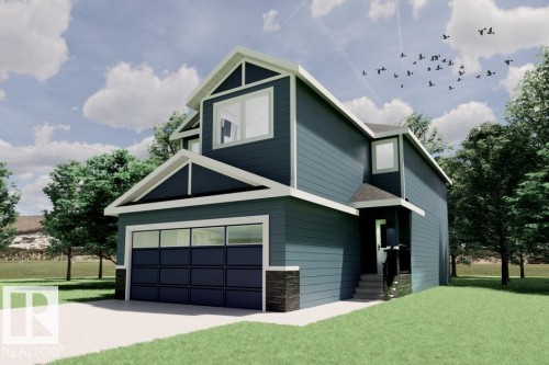 Two-story exterior with horizontal siding, stone accents, a single-car garage with transom windows, and a covered entry - 1776 Crossbill Loop Nw, Edmonton, AB - Outdoor