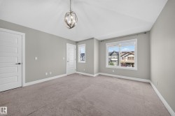 Spacious room featuring neutral carpeting, light gray walls, and white trim - 