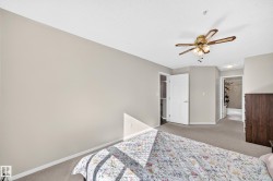 Carpeted bedroom featuring light neutral wall tones, a ceiling fan with integrated lighting, and a white paneled door revealing a closet with shelving - 