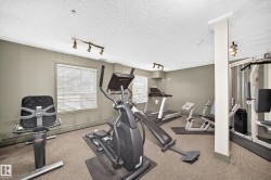 Fitness area featuring track lighting, textured ceilings, wall-to-wall carpeting, and multiple windows with blinds - 