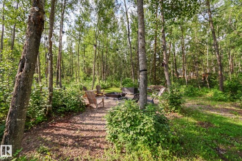 Wooded outdoor entertaining area featuring a gravel patio, fire pit, and string lighting - 200 12272 Township Road 602, Rural Smoky Lake County, AB 