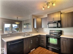 Corner kitchen featuring dark wood-finish cabinetry, black appliances, a double basin stainless steel sink, light-toned countertops, and wood-finish flooring - 