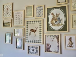 Gallery wall showcasing various framed artwork - 