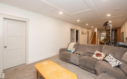 Carpeted lower level featuring recessed lighting, a coffered ceiling, and a paneled interior door - 