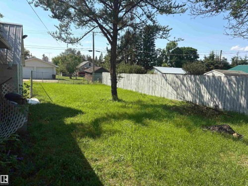 Spacious backyard featuring a wood fence, mature tree, and a grass lawn - 4620 Maria Drive, Smoky Lake Town, AB - Outdoor