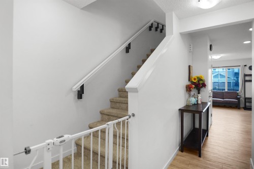 Carpeted staircase with white handrail and dark supports, featuring light wood-finish flooring in the entryway and an open archway to an additional room - #42 19904 31 Av Nw, Edmonton, AB - Indoor Photo Showing Other Room