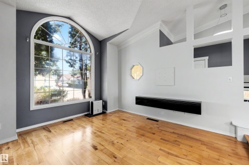 Arched picture window with white framing - 4639 10 Avenue Nw, Edmonton, AB - Indoor With Fireplace
