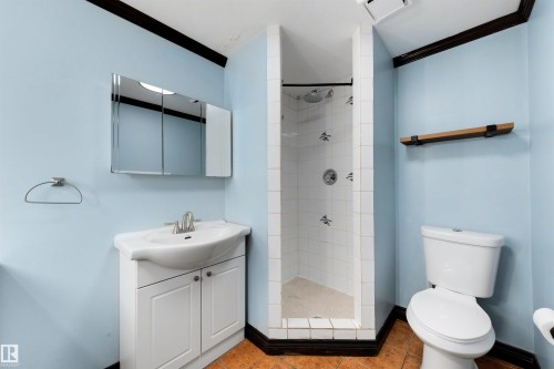 Bathroom featuring a white vanity with integrated sink, a medicine cabinet, a tiled shower enclosure, and terracotta-style floor tiles - 4639 10 Avenue Nw, Edmonton, AB - Indoor Photo Showing Bathroom