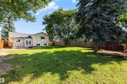 Expansive green lawn with mature trees and wood fencing - 