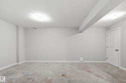 Spacious room featuring light gray carpet, white baseboards, and neutral wall paint - 